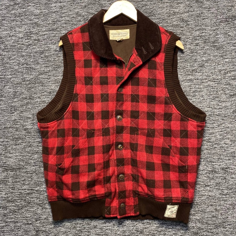 Denim Supply Ralph Lauren Plaid Quilted Vest Mens XL Red Black Buffalo Corduroy